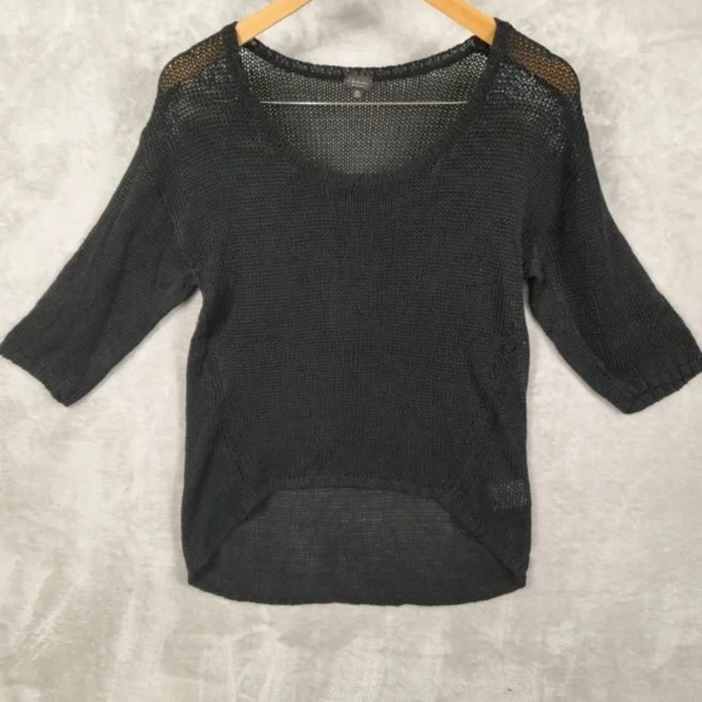 Babaton Aritzia Black Linen Silk Open Knit High Low Sweater XXS 3/4 Sleeve Sheer